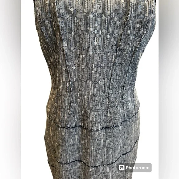 Kay Unger Sheath Dress Navy Blue Lace and Pewter Tweed Womens Size 12 - Picture 10 of 16